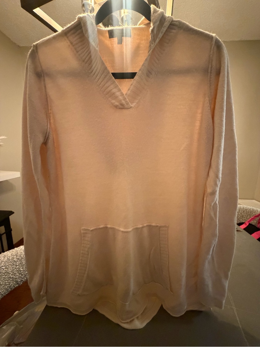 Democracy Women's Light Cream V-Neck Hooded Sweater